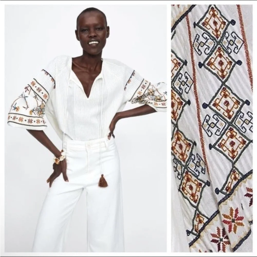 NWT. Zara Ivory Embroidered Blouse. Size M.